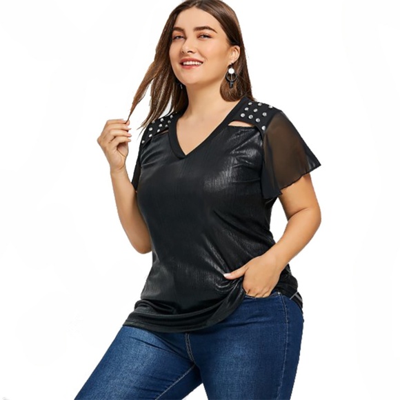 Plus Size Hollow Out Metallic Blouse w/ Rhinestone - Picture 3 of 6